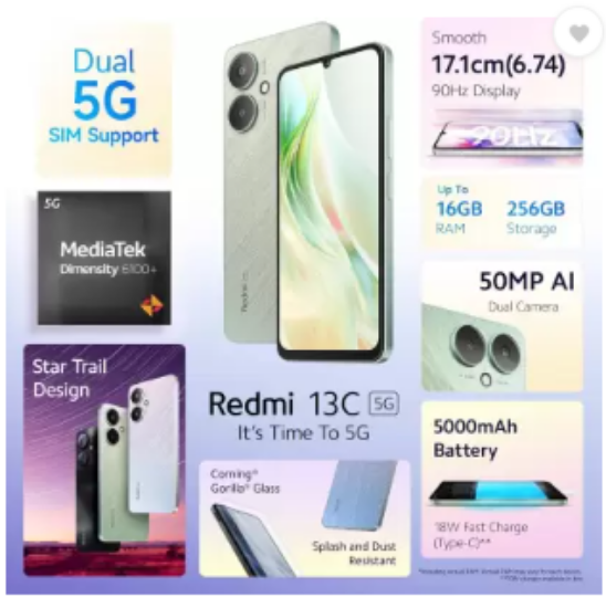 REDMI 13c 5G (స్టార్ట్‌రైల్ గ్రీన్, 128 GB) (6 GB RAM) యొక్క చిత్రం