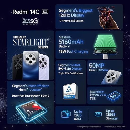 Redmi 14C 5G (స్టార్‌లైట్ బ్లూ, 6GB RAM, 128GB స్టోరేజ్) యొక్క చిత్రం