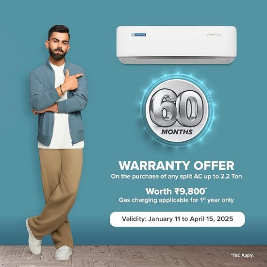 బ్లూ స్టార్ 1.5 టన్ 5 స్టార్, 60 నెలల వారంటీ, Wi-Fi స్మార్ట్ ఇన్వర్టర్ స్ప్లిట్ AC (కాపర్, కన్వర్టిబుల్ 5 ఇన్ 1 కూలింగ్, AI ప్రో, DigiQ హెప్టా సెన్సార్లు, 4 వే స్వింగ్, IC518ZNURS, తెలుపు) యొక్క చిత్రం