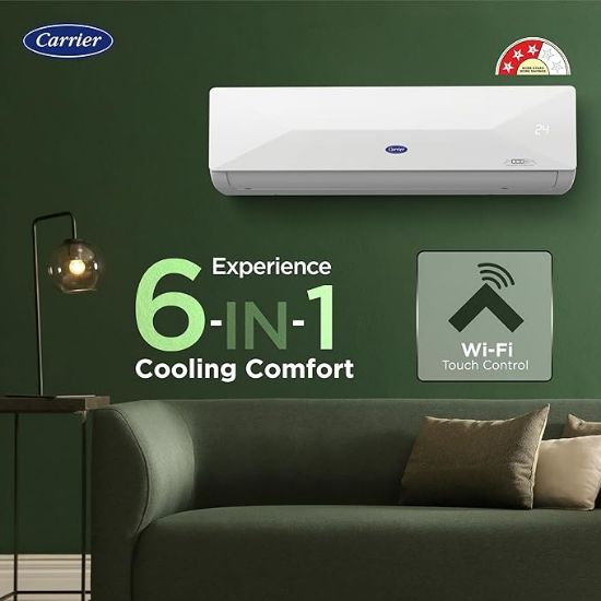 క్యారియర్ 1.5 టన్ 3 స్టార్ Wi-Fi స్మార్ట్ ఫ్లెక్సికూల్ ఇన్వర్టర్ స్ప్లిట్ AC (కాపర్, కన్వర్టిబుల్ 6-ఇన్-1 కూలింగ్, స్మార్ట్ ఎనర్జీ డిస్ప్లే, HD & PM 2.5 ఫిల్టర్, ESTER EDGE FXi (Wi-Fi), CAI18EE3R35W0, వైట్) యొక్క చిత్రం