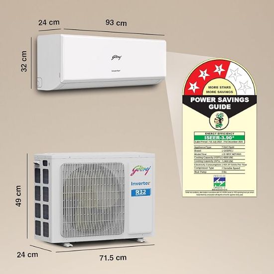 గోద్రేజ్ 1.5 టన్ 3 స్టార్, 5 సంవత్సరాల సమగ్ర వారంటీ, 5-ఇన్-1 కన్వర్టిబుల్ కూలింగ్, ఇన్వర్టర్ స్ప్లిట్ AC (కాపర్, 2025 మోడల్, 52°C వద్ద హెవీ డ్యూటీ కూలింగ్, AC1.5T EI 18P3T WZT 3S, తెలుపు) యొక్క చిత్రం