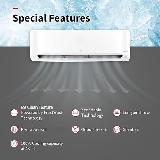 హిటాచీ 1.5 టన్ క్లాస్ 3 స్టార్, 4-వే స్వింగ్, ఐస్ క్లీన్, ఎక్స్‌ప్యాండబుల్+, ఇన్వర్టర్ స్ప్లిట్ AC (100% కాపర్, డస్ట్ ఫిల్టర్, 3400SXL RAS.D318PCCIBS, వైట్) యొక్క చిత్రం