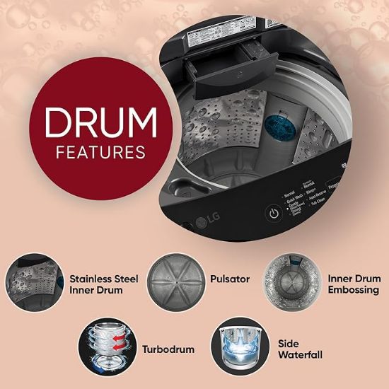 LG 7 కేజీ 5 స్టార్ స్మార్ట్ ఇన్వర్టర్ టెక్నాలజీ ఫుల్లీ ఆటోమేటిక్ టాప్ లోడ్ వాషింగ్ మెషిన్ (2025 మోడల్, T70VBMB1Z, ఆటో ప్రీవాష్, టర్బోడ్రమ్, స్టెయిన్‌లెస్ స్టీల్ డ్రమ్, LED డిస్ప్లే, స్మార్ట్ డయాగ్నసిస్ మిడిల్ బ్లాక్) యొక్క చిత్రం