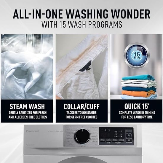 Panasonic 8 కిలోల 5 స్టార్ ఇన్వర్టర్ ఫుల్లీ ఆటోమేటిక్ ఫ్రంట్ లోడింగ్ వాషింగ్ మెషిన్ (NA-148MH2L01, 2024 మోడల్, డార్క్ సిల్వర్, స్టీమ్, డ్రైనామిక్ స్పిన్) యొక్క చిత్రం