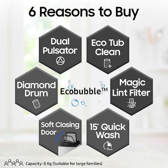 Samsung 8 కిలోలు, 5 స్టార్, ఎకో బబుల్ టెక్, డిజిటల్ ఇన్వర్టర్ మోటార్, సాఫ్ట్ క్లోజింగ్ డోర్, పూర్తిగా ఆటోమేటిక్ టాప్ లోడ్ వాషింగ్ మెషిన్ (WA80BG4441BGTL, లేత బూడిద రంగు) యొక్క చిత్రం