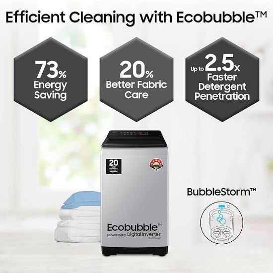 Samsung 8 కిలోలు, 5 స్టార్, ఎకో బబుల్ టెక్, డిజిటల్ ఇన్వర్టర్ మోటార్, సాఫ్ట్ క్లోజింగ్ డోర్, పూర్తిగా ఆటోమేటిక్ టాప్ లోడ్ వాషింగ్ మెషిన్ (WA80BG4441BGTL, లేత బూడిద రంగు) యొక్క చిత్రం