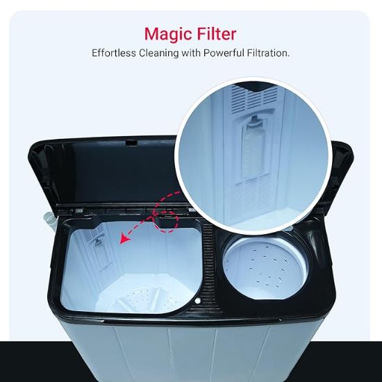 పవర్ గార్డ్ 6.5 కిలోల 5 స్టార్ సెమీ-ఆటోమేటిక్ టాప్ లోడింగ్ వాషింగ్ మెషిన్ ఉపకరణం (2024 మోడల్, PG65WM-Bk-OP, నలుపు, శక్తివంతమైన మోటార్, ప్రభావవంతమైన వాష్ పల్సేటర్, 1350 RPM & కాస్టర్లు) యొక్క చిత్రం