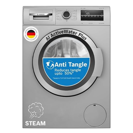 Bosch  7 కిలోల 5 స్టార్ ఫుల్లీ-ఆటోమేటిక్ ఫ్రంట్ లోడింగ్ వాషింగ్ మెషిన్ (WAJ24266IN, సిల్వర్, AI యాక్టివ్ వాటర్ ప్లస్, ఇన్-బిల్ట్ హీటర్, BLDC ఇన్వర్టర్ మోటార్, స్టీమ్) యొక్క చిత్రం