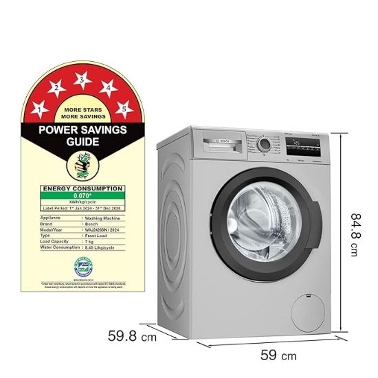 Bosch  7 కిలోల 5 స్టార్ ఫుల్లీ-ఆటోమేటిక్ ఫ్రంట్ లోడింగ్ వాషింగ్ మెషిన్ (WAJ24266IN, సిల్వర్, AI యాక్టివ్ వాటర్ ప్లస్, ఇన్-బిల్ట్ హీటర్, BLDC ఇన్వర్టర్ మోటార్, స్టీమ్) యొక్క చిత్రం