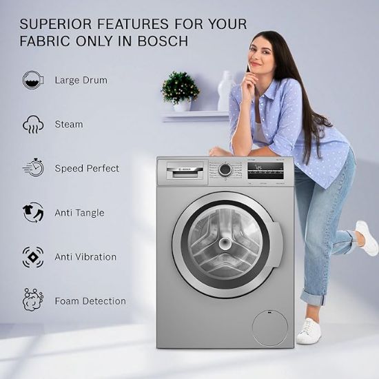 Bosch  7 కిలోల 5 స్టార్ ఫుల్లీ-ఆటోమేటిక్ ఫ్రంట్ లోడింగ్ వాషింగ్ మెషిన్ (WAJ24266IN, సిల్వర్, AI యాక్టివ్ వాటర్ ప్లస్, ఇన్-బిల్ట్ హీటర్, BLDC ఇన్వర్టర్ మోటార్, స్టీమ్) యొక్క చిత్రం