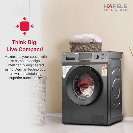 హఫెల్ అమారా 7 కిలోల 5 స్టార్, జర్మన్ టెక్నాలజీని ఉపయోగించి రూపొందించబడిన ప్రీమియం ఫుల్లీ ఆటోమేటిక్ ఫ్రంట్-లోడ్ వాషింగ్ మెషిన్, స్టీమ్ షీల్డ్ మరియు హెక్సా వాష్ డిజైన్‌తో వస్తుంది. యొక్క చిత్రం