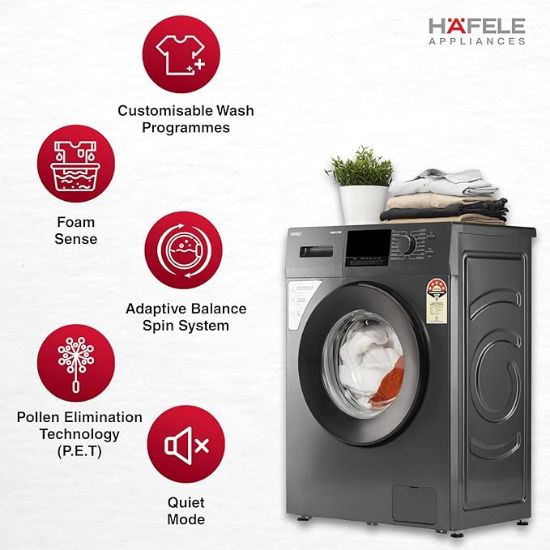 హఫెల్ అమారా 7 కిలోల 5 స్టార్, జర్మన్ టెక్నాలజీని ఉపయోగించి రూపొందించబడిన ప్రీమియం ఫుల్లీ ఆటోమేటిక్ ఫ్రంట్-లోడ్ వాషింగ్ మెషిన్, స్టీమ్ షీల్డ్ మరియు హెక్సా వాష్ డిజైన్‌తో వస్తుంది. యొక్క చిత్రం