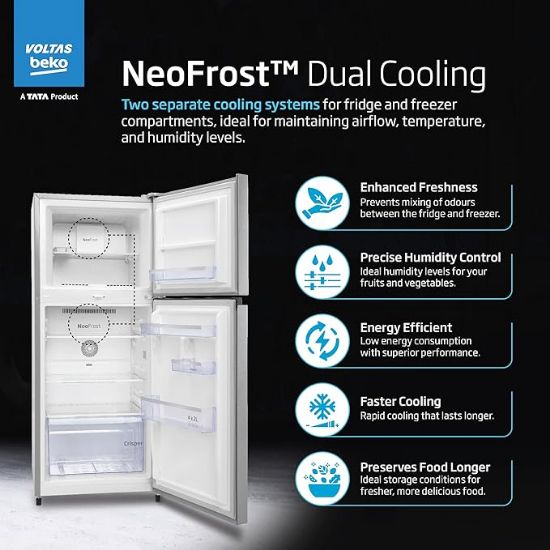 Voltas బెకో ‘ఎ టాటా ప్రొడక్ట్’ 248 L 2 స్టార్ ఫ్రాస్ట్ ఫ్రీ రిఫ్రిజిరేటర్, రెండు వేర్వేరు కూలింగ్ సిస్టమ్‌తో (RFF285D/W0CWR0I0000GO, సెలిన్ వైన్) యొక్క చిత్రం