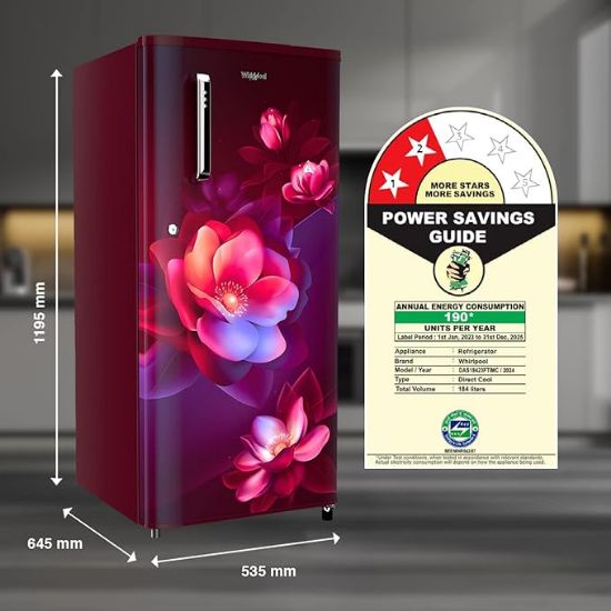 Whirlpool184 L 2 స్టార్ డైరెక్ట్-కూల్ సింగిల్ డోర్ రిఫ్రిజిరేటర్ (205 WDE PRM 2S వైన్ బ్లూమ్-జెడ్) యొక్క చిత్రం