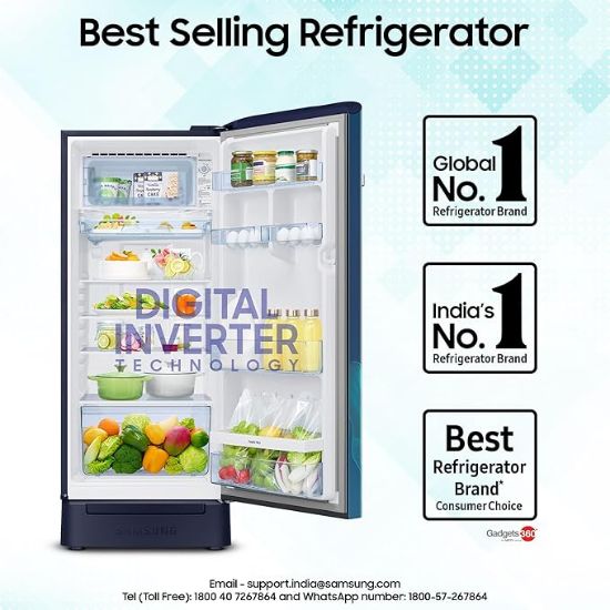 Samsung 215 L, 5 స్టార్, డిజిటల్ ఇన్వర్టర్, డైరెక్ట్-కూల్ సింగిల్ డోర్ రిఫ్రిజిరేటర్ (RR23D2H359U/HL, ప్యారడైజ్ బ్లూమ్ బ్లూ, బేస్ స్టాండ్ డ్రాయర్) యొక్క చిత్రం