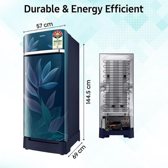 Samsung 215 L, 5 స్టార్, డిజిటల్ ఇన్వర్టర్, డైరెక్ట్-కూల్ సింగిల్ డోర్ రిఫ్రిజిరేటర్ (RR23D2H359U/HL, ప్యారడైజ్ బ్లూమ్ బ్లూ, బేస్ స్టాండ్ డ్రాయర్) యొక్క చిత్రం