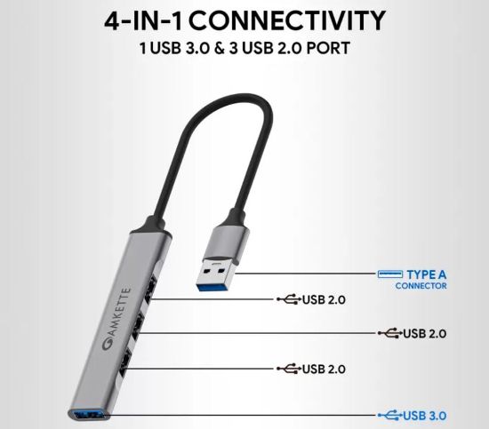 AMKETTE టైప్ A USB 3.0 4 పోర్ట్ USB హబ్ (గ్రే) యొక్క చిత్రం