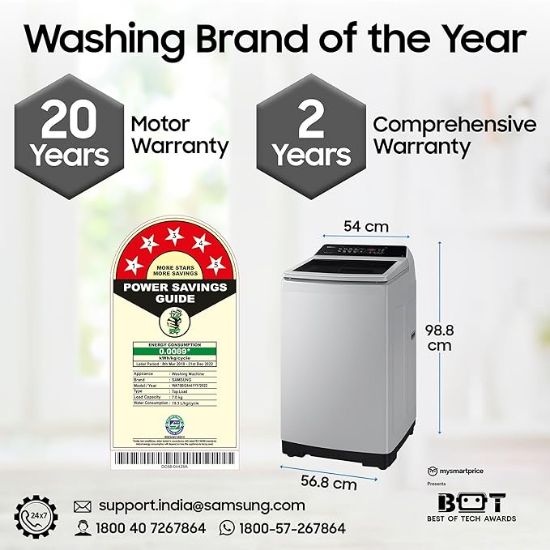 శామ్సంగ్ 7 కిలోలు, ఎకో బబుల్ టెక్నాలజీ, డిజిటల్ ఇన్వర్టర్ మోటార్, సాఫ్ట్ క్లోజింగ్ డోర్, ఫుల్లీ-ఆటోమేటిక్ టాప్ లోడ్ వాషింగ్ మెషిన్ (WA70BG4441YYTL, లావెండర్ గ్రే) యొక్క చిత్రం