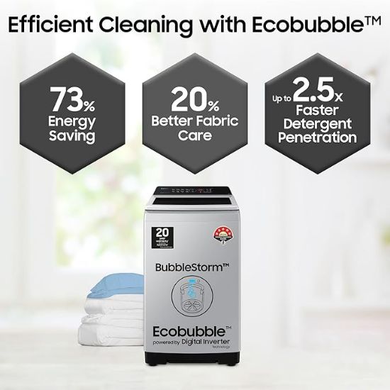 శామ్సంగ్ 7 కిలోలు, ఎకో బబుల్ టెక్నాలజీ, డిజిటల్ ఇన్వర్టర్ మోటార్, సాఫ్ట్ క్లోజింగ్ డోర్, ఫుల్లీ-ఆటోమేటిక్ టాప్ లోడ్ వాషింగ్ మెషిన్ (WA70BG4441YYTL, లావెండర్ గ్రే) యొక్క చిత్రం