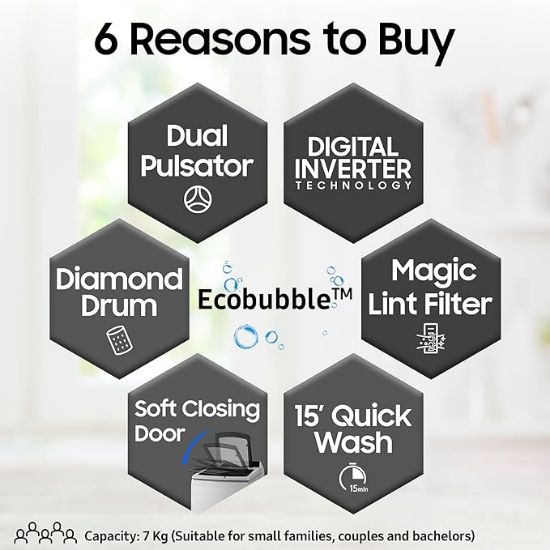 శామ్సంగ్ 7 కిలోలు, ఎకో బబుల్ టెక్నాలజీ, డిజిటల్ ఇన్వర్టర్ మోటార్, సాఫ్ట్ క్లోజింగ్ డోర్, ఫుల్లీ-ఆటోమేటిక్ టాప్ లోడ్ వాషింగ్ మెషిన్ (WA70BG4441YYTL, లావెండర్ గ్రే) యొక్క చిత్రం