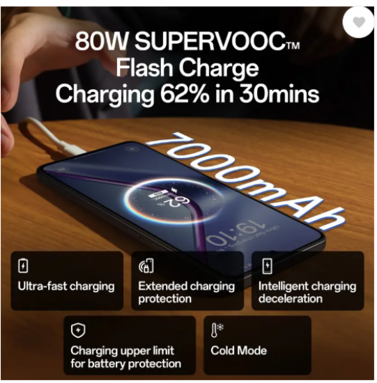 7000mAh మరియు 80W SUPERVOOC ఛార్జర్ ఇన్-ది-బాక్స్ (ఐసీ పర్పుల్, 128 GB) (8 GB RAM) తో OPPO K13 5G యొక్క చిత్రం