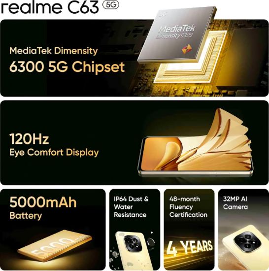 realme C63 5G ఛార్జర్ ఇన్ ది బాక్స్ (స్టార్రి గోల్డ్, 128 GB) (6 GB RAM) యొక్క చిత్రం