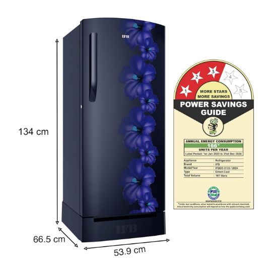 IFB 187L 3 స్టార్ డైరెక్ట్-కూల్ సింగిల్ డోర్ రిఫ్రిజిరేటర్ (IFBDC-2133NBHED, ఫ్లోరల్ ఫాల్స్ బ్లూ) బేస్ డ్రాయర్ మరియు హ్యుమిడిటీ కంట్రోలర్‌తో అసాధారణ స్థలం. యొక్క చిత్రం