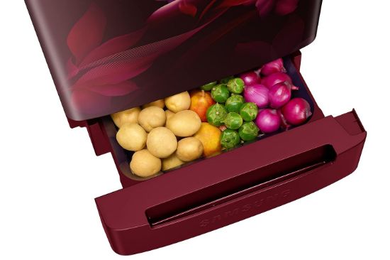 Samsung 189L 5 స్టార్ ఇన్వర్టర్ డైరెక్ట్-కూల్ సింగిల్ డోర్ రిఫ్రిజిరేటర్ ఉపకరణం (RR21C2H25RZ/HL, మిడ్‌నైట్ బ్లోసమ్ రెడ్) బేస్ స్టాండ్ డ్రాయర్ యొక్క చిత్రం