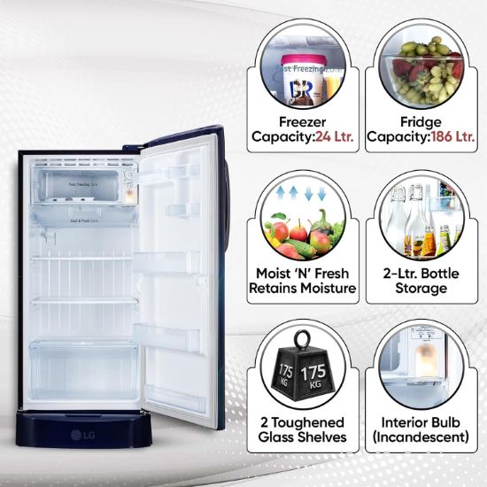 LG 210 L, 5 స్టార్, డైరెక్ట్ కూల్, స్మార్ట్ ఇన్వర్టర్ కంప్రెసర్, సింగిల్ డోర్ రిఫ్రిజిరేటర్ (2025 మోడల్, GL-D231ABAU, బ్లూ అరోరా, హ్యుమిడిటీ కంట్రోలర్, డ్రాయర్‌తో కూడిన బేస్ స్టాండ్ & ఫాస్ట్ ఐస్ మేకింగ్) యొక్క చిత్రం