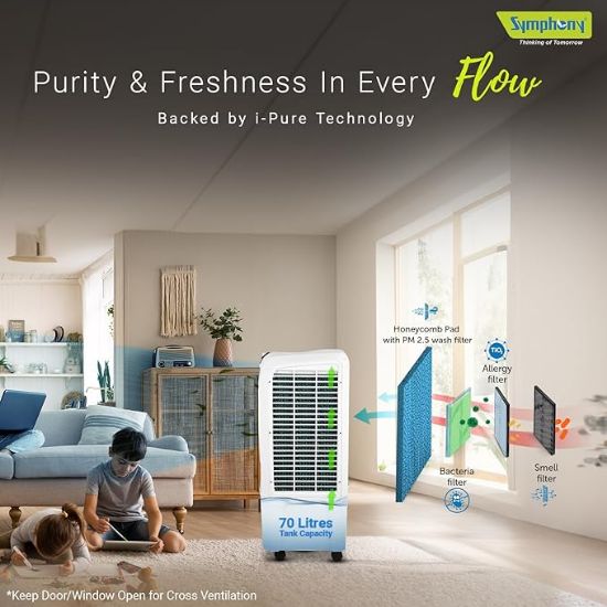 సింఫనీ విండ్‌బ్లాస్ట్ 70 XL డెసర్ట్ ఎయిర్ కూలర్ ఫర్ హోమ్ ఫర్ పవర్ ఫుల్ ఫ్యాన్, హనీకోంబ్ ప్యాడ్‌లు, ఐ-ప్యూర్ టెక్నాలజీ మరియు తక్కువ పవర్ వినియోగం (70L, వైట్) యొక్క చిత్రం