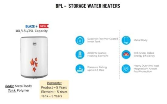 BPL బ్లేజ్+ 10 లీటర్ 2000W 5 స్టార్ వైట్ స్టోరేజ్ వాటర్ గీజర్, BSWHMET10L2KW5SPO యొక్క చిత్రం