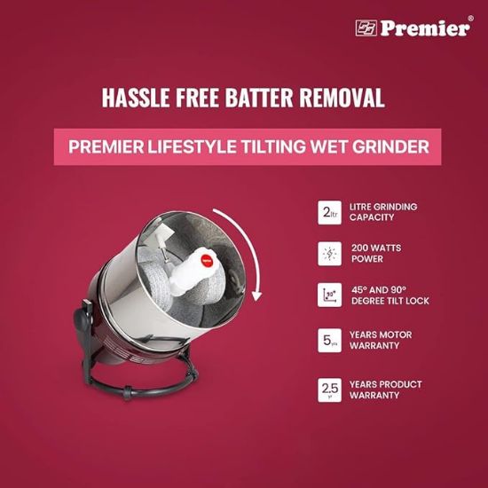 ప్రీమియర్ లైఫ్‌స్టైల్ గ్రైండర్ (పేజీ - 502) 2 LTR 230v మెరూన్ కలర్ కోడ్-039131 – 2-లీటర్ కెపాసిటీ కలిగిన శక్తివంతమైన మరియు స్టైలిష్ వెట్ గ్రైండర్, మన్నికైన స్టెయిన్‌లెస్ స్టీల్ డ్రమ్, ఎనర్జీ ఎఫిషియెంట్ మోటార్ యొక్క చిత్రం