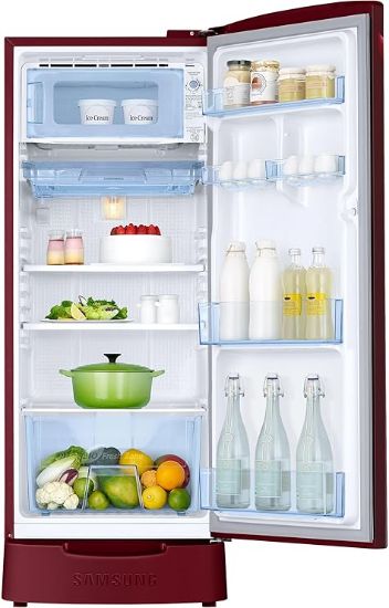 శాంసంగ్ 183 L, 3 స్టార్, డిజిటల్ ఇన్వర్టర్, డైరెక్ట్-కూల్ సింగిల్ డోర్ రిఫ్రిజిరేటర్ (RR20D1823RZ/HL, మిడ్‌నైట్ బ్లోసమ్ రెడ్, బేస్ స్టాండ్ డ్రాయర్) యొక్క చిత్రం