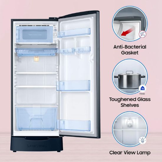 శాంసంగ్ 183 L, 3 స్టార్, డిజిటల్ ఇన్వర్టర్, డైరెక్ట్-కూల్ సింగిల్ డోర్ రిఫ్రిజిరేటర్ (RR20C1823U8/HL, బ్లూమింగ్ సాఫ్రాన్ బ్లూ, బేస్ స్టాండ్ డ్రాయర్) యొక్క చిత్రం