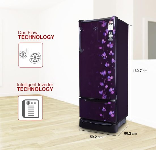 గోద్రేజ్ ఎడ్జ్ 237 L 3 స్టార్ డ్యూయో ఫ్లో టెక్నాలజీతో కూలింగ్ నష్టాన్ని 50% తగ్గించే ఇన్వర్టర్ డైరెక్ట్ కూల్ సింగిల్ డోర్ రిఫ్రిజిరేటర్ (2024 మోడల్, RD EDUO 270C TDI JD PR, జాడే పర్పుల్) యొక్క చిత్రం