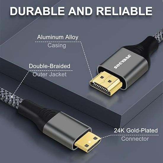 SOEYBAE మినీ HDMI నుండి HDMI కేబుల్ 3ft/1M HDMI నుండి మినీ HDMI 2.0 కార్డ్ సపోర్ట్ 3D 4K/60Hz 1080p 720p, నికాన్, గ్రాఫిక్స్ వీడియో కార్డ్‌లు, పికో ప్రొజెక్టర్, కానన్ EOS, DSLR కెమెరా, క్యామ్‌కార్డర్, టాబ్లెట్‌తో అనుకూలమైనది యొక్క చిత్రం