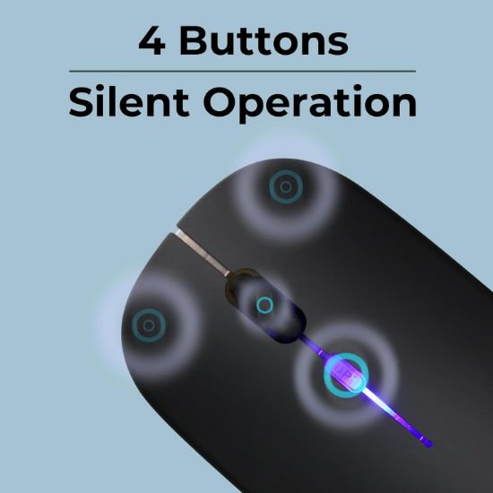 పునర్వినియోగపరచదగిన బ్యాటరీతో కూడిన ZEBRONICS బ్లాంక్ స్లిమ్ వైర్‌లెస్ మౌస్, BT + 2.4GHz, 4 బటన్లు, 800/1200/1600 DPI, సైలెంట్ ఆపరేషన్, మల్టీకలర్ LED లైట్లు యొక్క చిత్రం