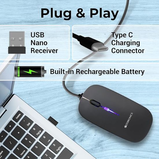 పునర్వినియోగపరచదగిన బ్యాటరీతో కూడిన ZEBRONICS బ్లాంక్ స్లిమ్ వైర్‌లెస్ మౌస్, BT + 2.4GHz, 4 బటన్లు, 800/1200/1600 DPI, సైలెంట్ ఆపరేషన్, మల్టీకలర్ LED లైట్లు యొక్క చిత్రం