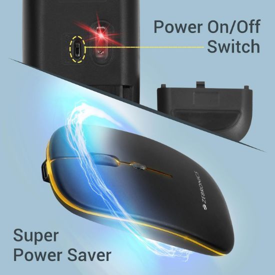 పునర్వినియోగపరచదగిన బ్యాటరీతో కూడిన ZEBRONICS బ్లాంక్ స్లిమ్ వైర్‌లెస్ మౌస్, BT + 2.4GHz, 4 బటన్లు, 800/1200/1600 DPI, సైలెంట్ ఆపరేషన్, మల్టీకలర్ LED లైట్లు యొక్క చిత్రం