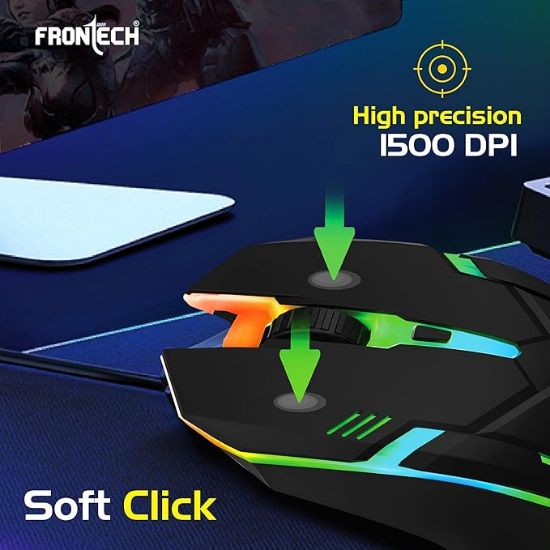 FRONTECH వైర్డ్ USB ఆప్టికల్ మౌస్ | 3 బటన్ మౌస్ | RGB లైట్ | 1500 DPI | స్క్రోల్ వీల్ | కాంపాక్ట్ మరియు స్టైలిష్ డిజైన్ | USB ప్లగ్ & ప్లే (MS-0067, నలుపు) యొక్క చిత్రం