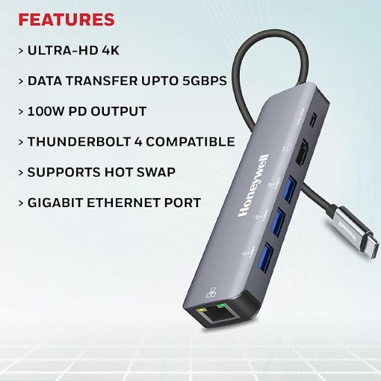 హనీవెల్ కొత్తగా ప్రారంభించిన 6-ఇన్-1 టైప్ సి డాకింగ్ స్టేషన్, 4K HDMI పోర్ట్, 1GBPS RJ45 ఈథర్నెట్ పోర్ట్, 3xUSB పోర్ట్ 3.0 & టైప్ C 3.0 PD 100W, అన్ని టైప్ C పరికరాల కోసం - విండోస్/మ్యాక్‌బుక్, ఆన్-ది-గో ఫీచర్ యొక్క చిత్రం