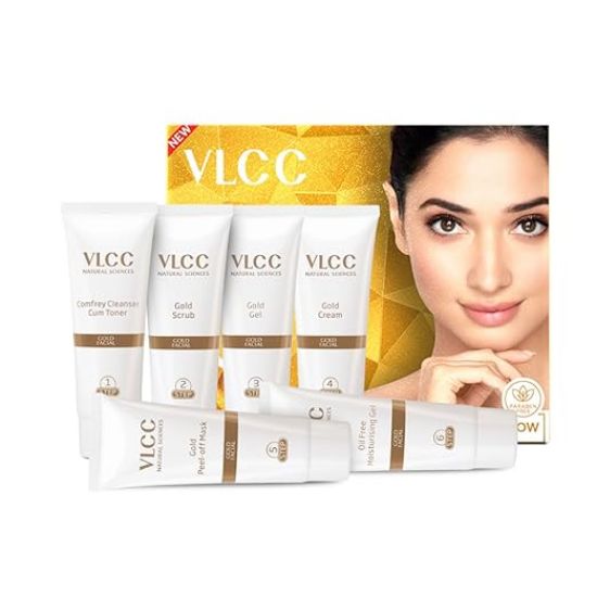 VLCC గోల్డ్ ఫేషియల్ కిట్, ప్రకాశవంతమైన & మెరిసే చర్మం - 60 గ్రా | ప్రకాశవంతమైన మెరుపు కోసం మీ చర్మాన్ని విలాసపరచండి | 24K గోల్డ్ భస్మ, గులాబీ సారాలు, పసుపు & కలబందతో పార్లర్ గ్లో. యొక్క చిత్రం