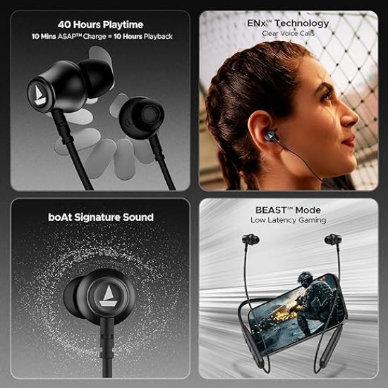 Boat రాకర్జ్ 111, 40HRS బ్యాటరీ, డ్యూయల్ డివైస్ పెయిరింగ్, ENx టెక్, తక్కువ లేటెన్సీ మోడ్, ఫాస్ట్ ఛార్జింగ్, BTv5.3, IPX5, టైప్-C ఇంటర్‌ఫేస్, బ్లూటూత్ నెక్‌బ్యాండ్, వైర్‌లెస్ విత్ మైక్ ఇయర్‌ఫోన్స్ (యాక్టివ్ బ్లాక్) యొక్క చిత్రం