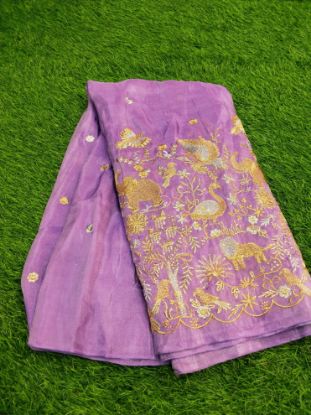 Chinon Border works-- Lavender, A soft pastel purple cloth (Per meter) used for long frocks and lehanga sets for Girls యొక్క చిత్రం