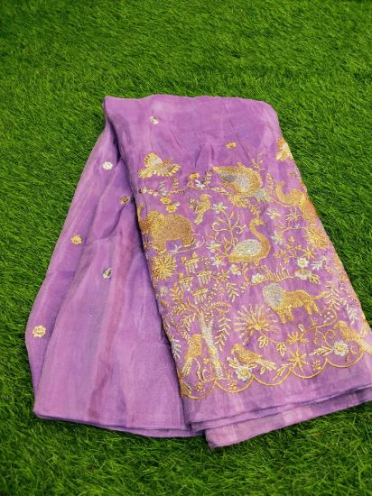 Chinon Border works-- Lavender, A soft pastel purple cloth (Per meter) used for long frocks and lehanga sets for Girls యొక్క చిత్రం