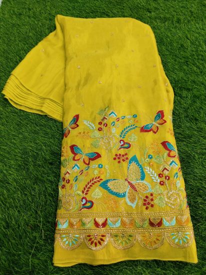 Chinon Border works-- Mustard Yellow cloth (Per meter) used for long frocks and lehanga sets for Girls యొక్క చిత్రం