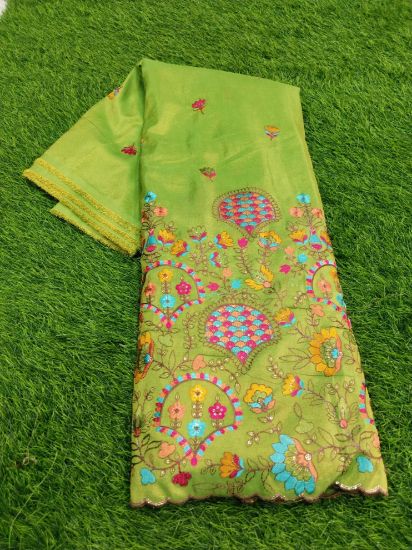 Chinon Border works-- Spring Green cloth (Per meter) used for long frocks and lehanga sets for Girls యొక్క చిత్రం