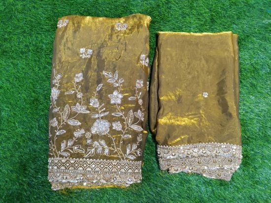 Golden-Brown / Mustard-Olive Shade Silk Lehenga & Choli Set with a party-wear look, designed in pure soft silk with silver/light gold embroidery(Per Meter). యొక్క చిత్రం