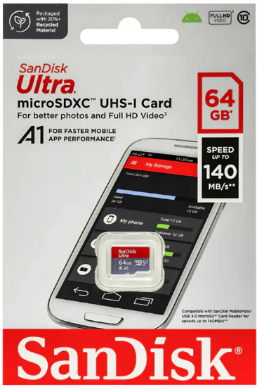 స్మార్ట్‌ఫోన్‌ల కోసం SanDisk Ultra 64GB microSDXC UHS-I, 140MB/s R, మెమరీ కార్డ్, 10 Y వారంటీ యొక్క చిత్రం