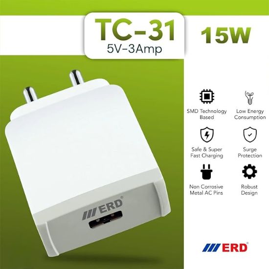 ERD TC-31 USB-A డాక్ ఛార్జర్ | ఫాస్ట్ ఛార్జింగ్ టెక్నాలజీ | యూనివర్సల్ కంపాటబిలిటీ | అన్ని ఆండ్రాయిడ్ పరికరాలకు అనుకూలం తెలుపు రంగు | 150-240V AC, 50/60 Hz, 15Watt, 3Amp యొక్క చిత్రం